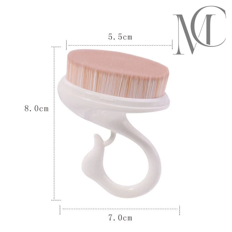 Swan Handle Body Brush size Facial cleansing brush with dimensions shown.