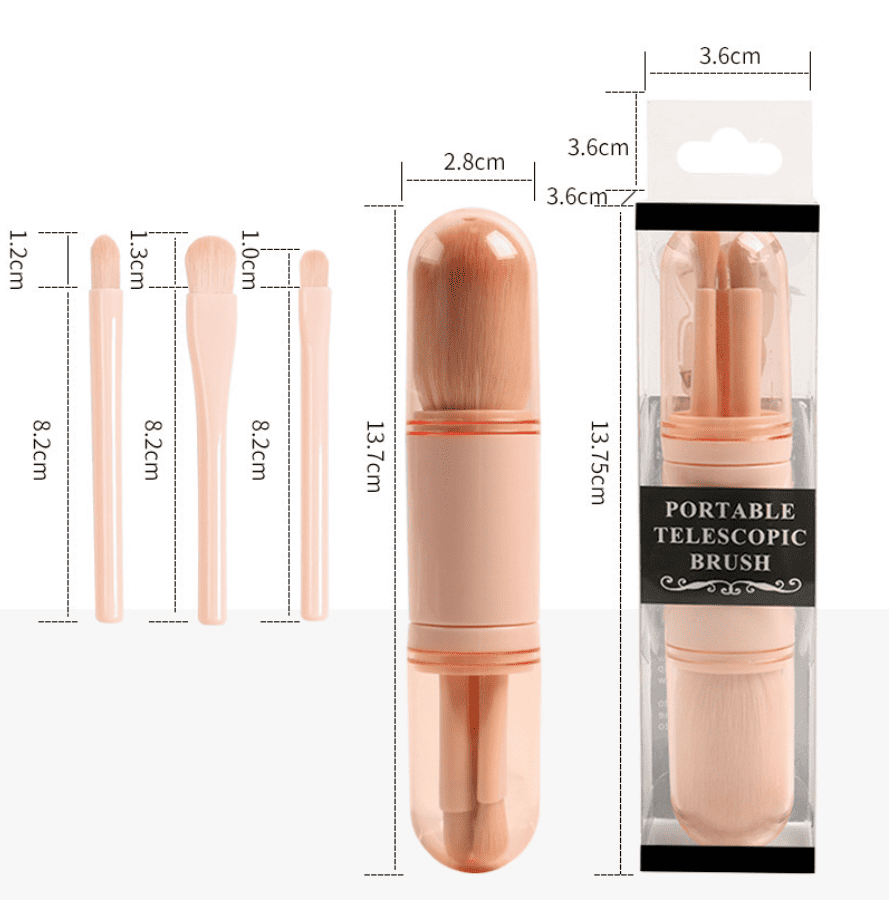 Peach-colored portable telescopic makeup brush set with dimensions displayed.