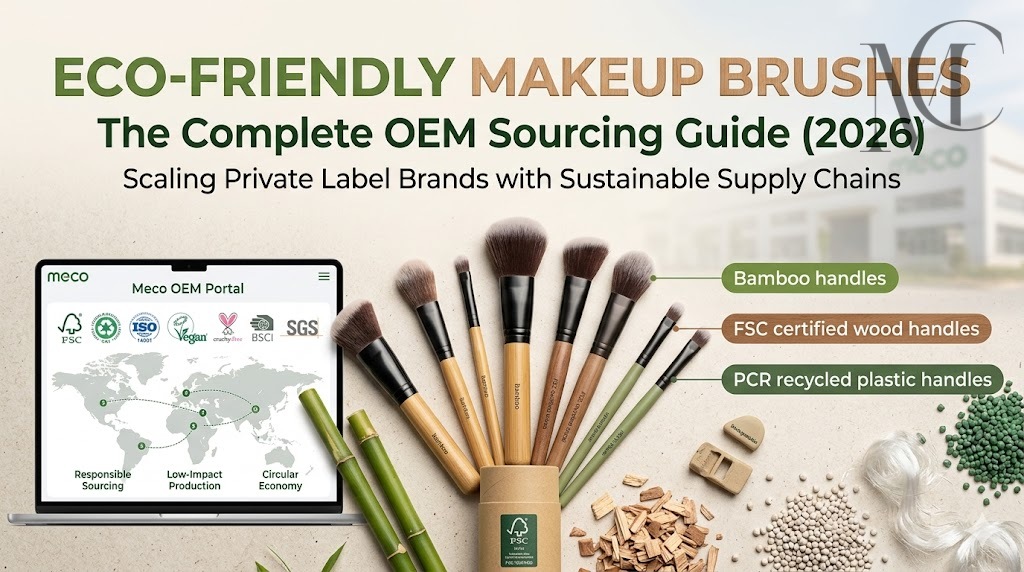 Juego de brochas de maquillaje ecológicas con mangos de madera FSC: fabricante de brochas cosméticas OEM sostenibles Meco Brochas de maquillaje ecológicas con mangos de bambú, madera con certificación FSC y plástico reciclado posconsumo (PCR).
