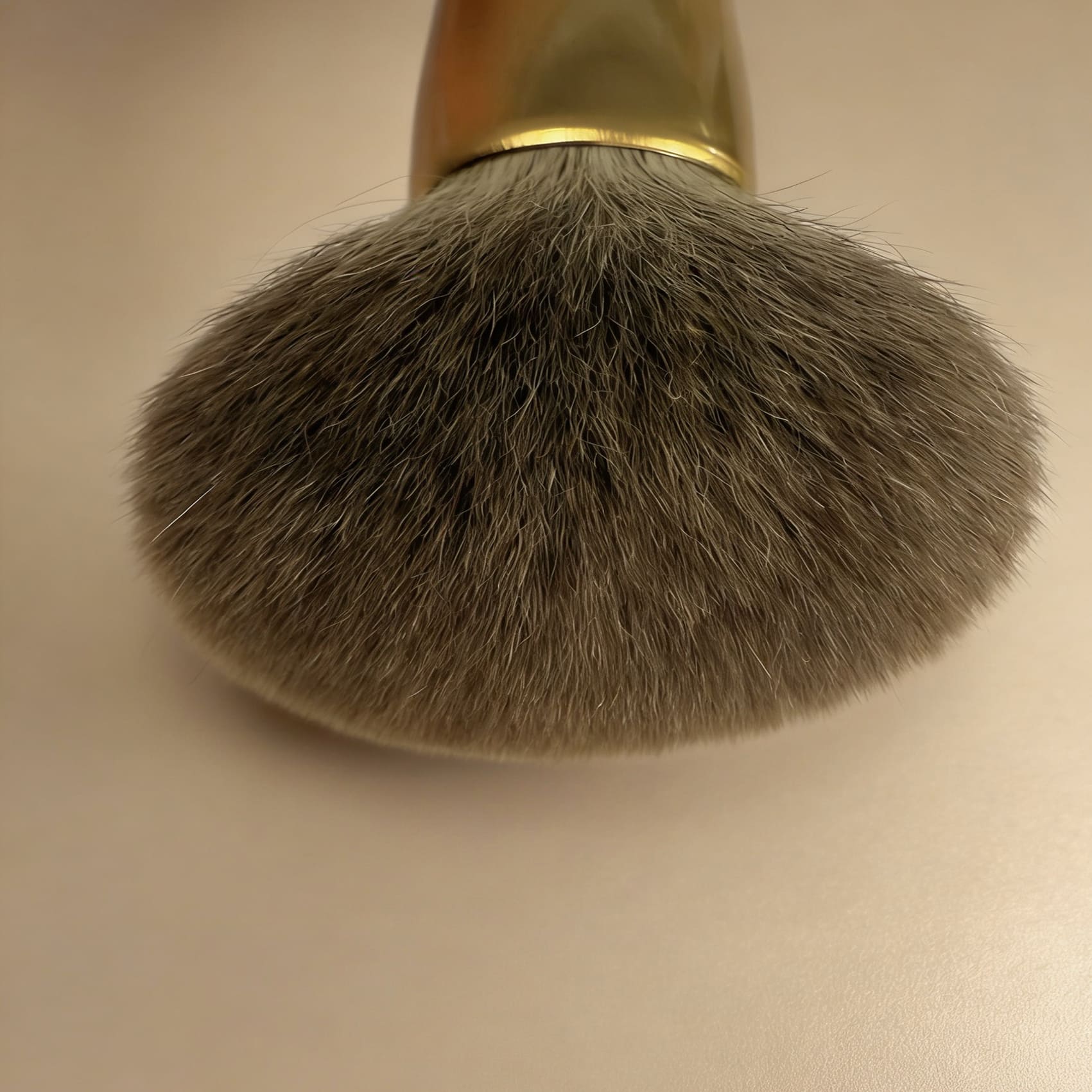 Close-up of a soft, round shaving brush with a golden handle.
