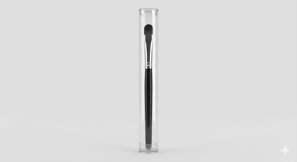 Pinceau de maquillage dans un tube protecteur transparent.