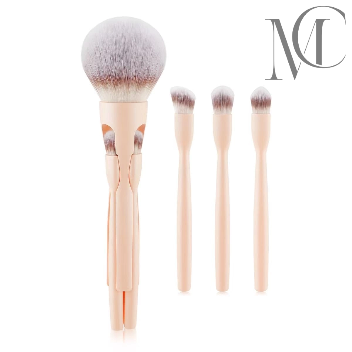 Customizable detachable makeup brushes Set of four light pink makeup brushes, with one large brush holding three smaller brushes inside its handle.