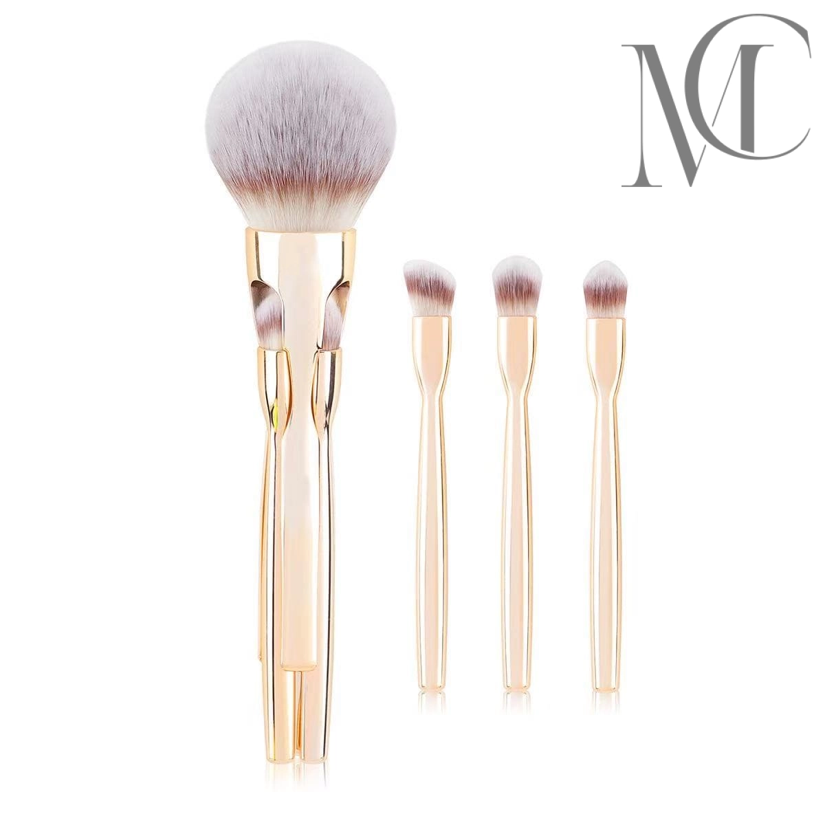 Detachable makeup brush Makeup brush set with gold handles and a large powder brush.
