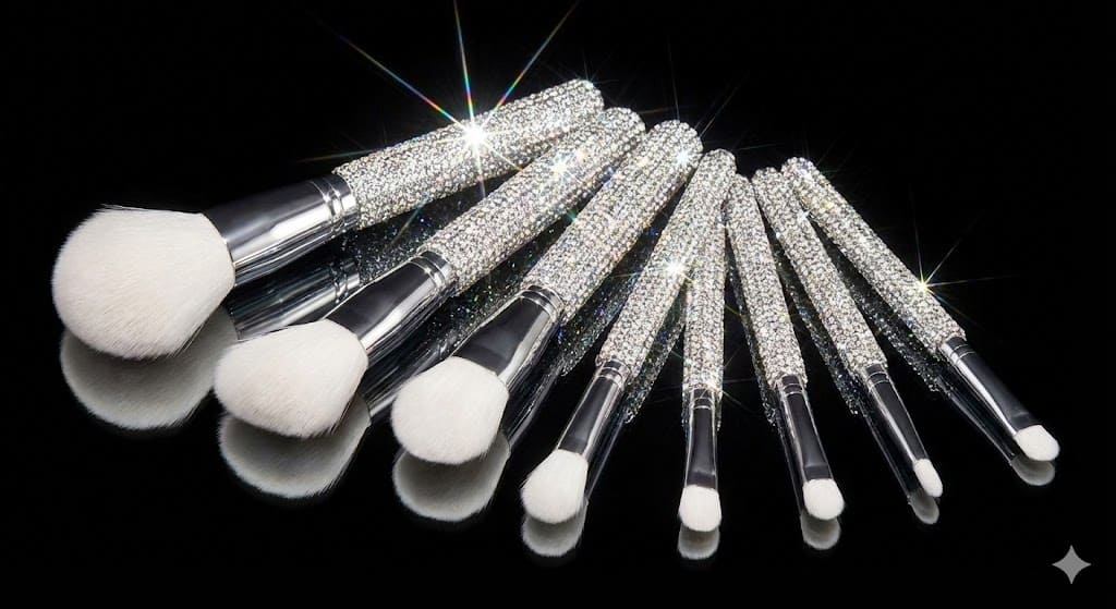 Set of sparkling crystal-encrusted makeup brushes on a reflective black surface.