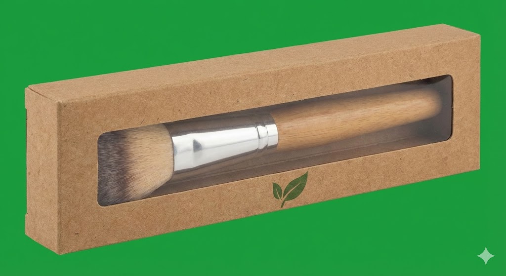 Pinceau à fond de teint dans une boîte en carton recyclé ornée d'un logo en forme de feuille.