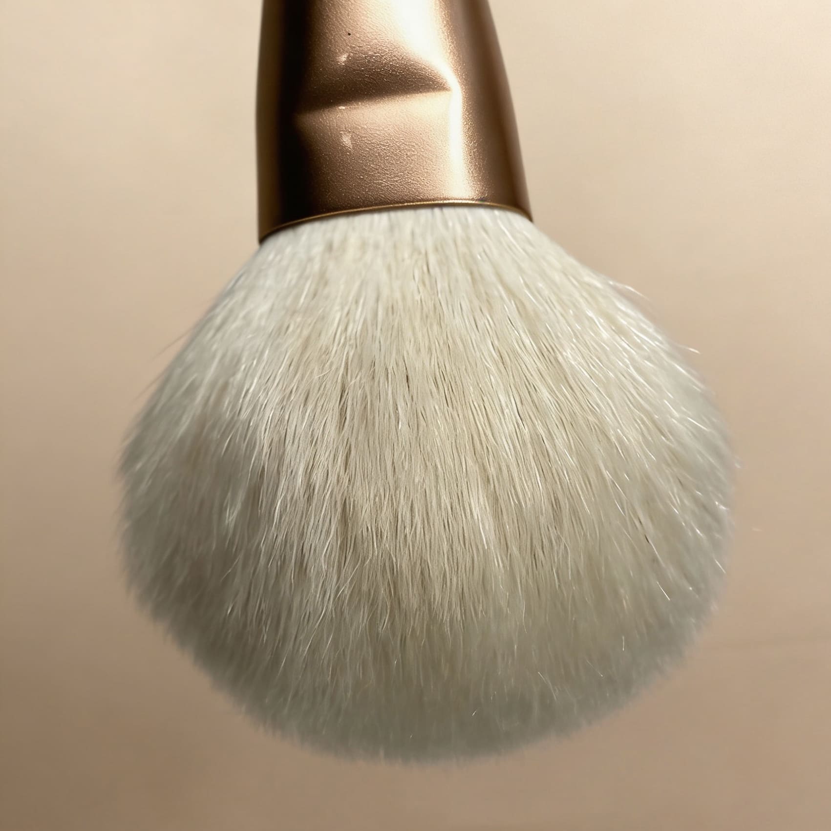 Close-up of a fluffy white makeup brush with a metallic bronze handle.