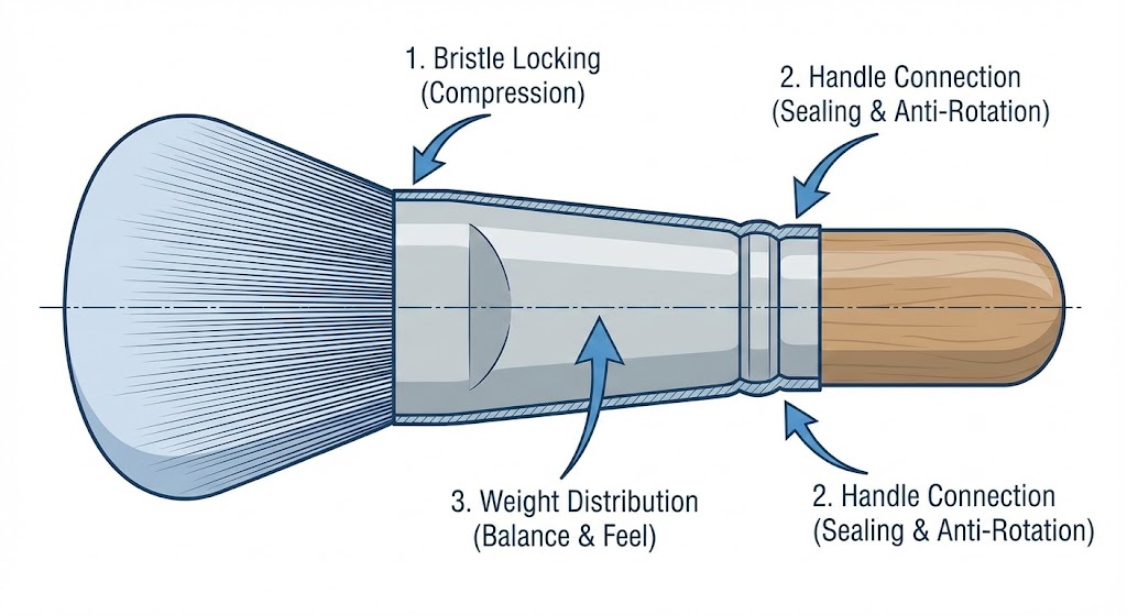 Diagram of a makeup brush showing bristle locking, handle connection, and weight distribution.
