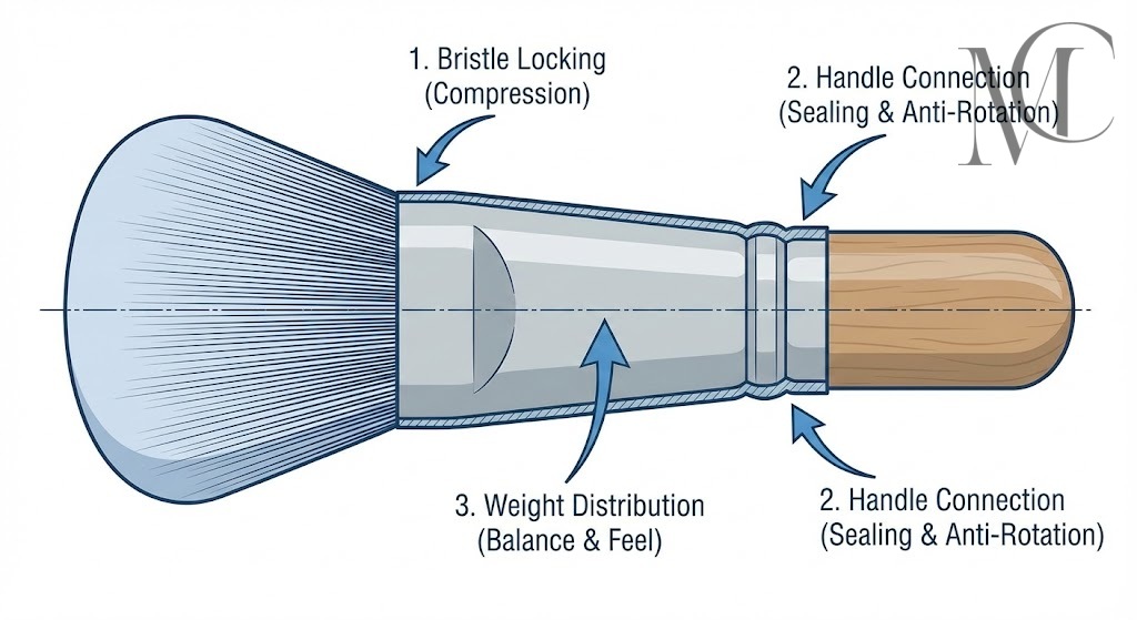 ferrule makeup brush Diagram of a makeup brush showing bristle locking, handle connection, and weight distribution.