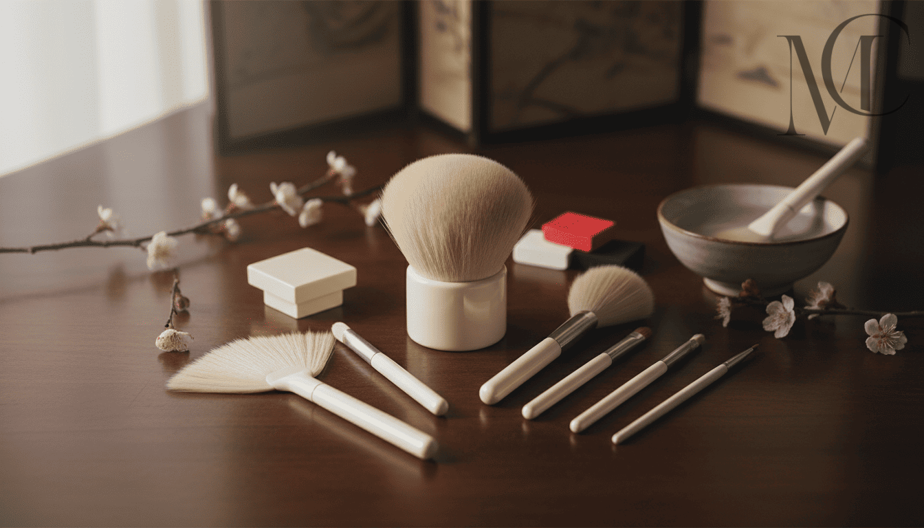 Juego de brochas de maquillaje Kabuki a la venta Bodegón con pinceles de maquillaje, flores de ciruelo y cuenco para mezclar sobre una superficie de madera oscura.