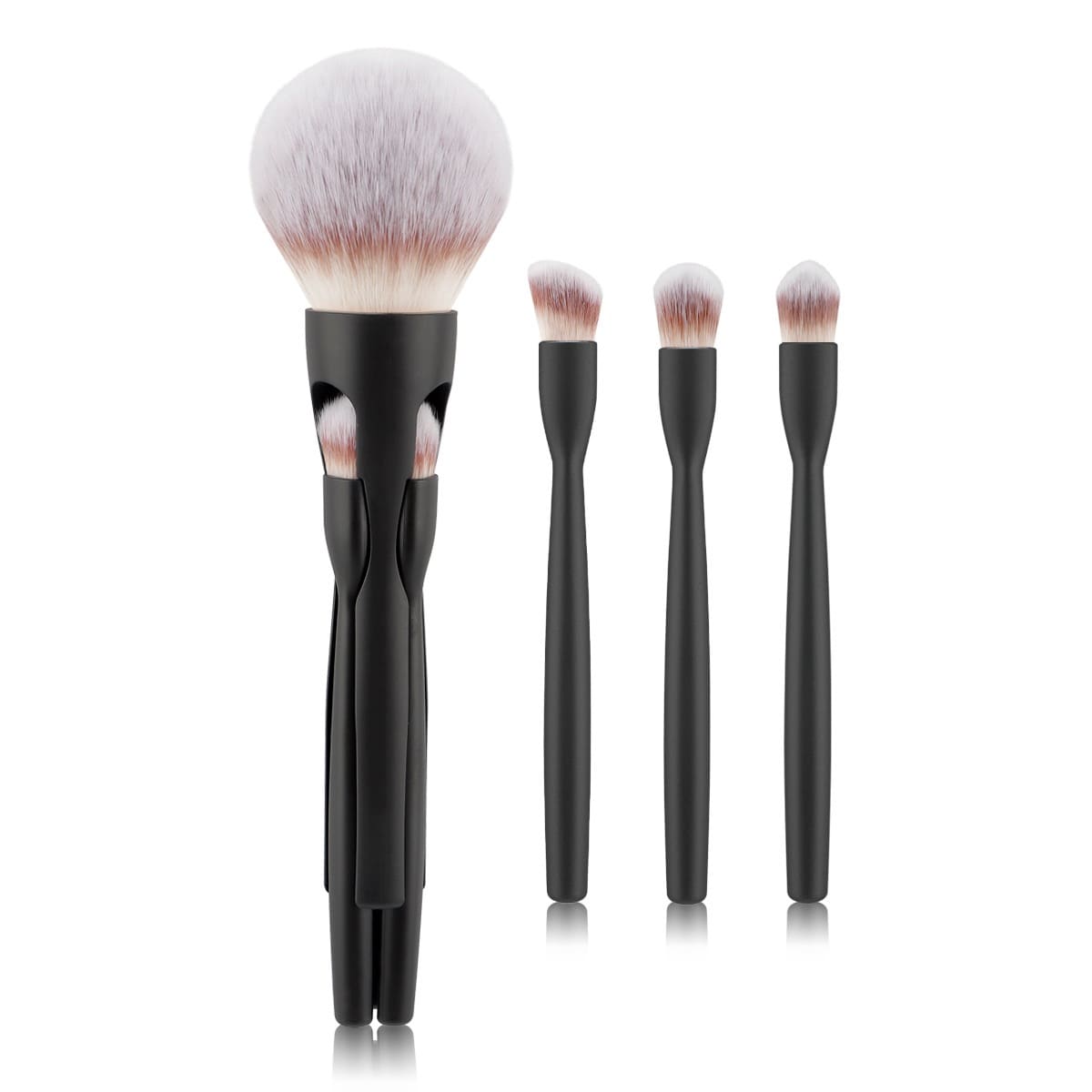 Cosmetic brush set with black handles and white bristles.