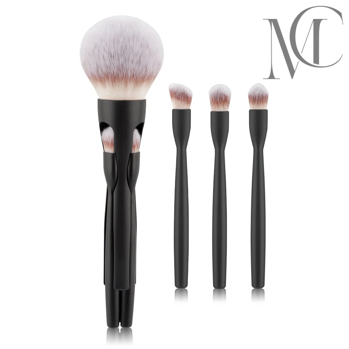 Magnetic dual-purpose brush manufacturer Cosmetic brush set with black handles and white bristles.