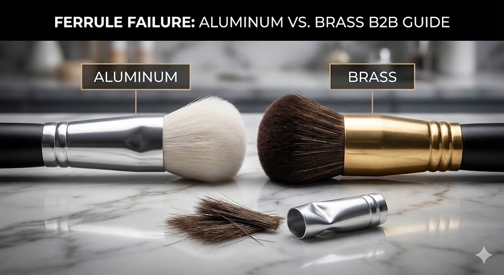 Comparison of aluminum and brass ferrules in makeup brushes, showing brush failure.
