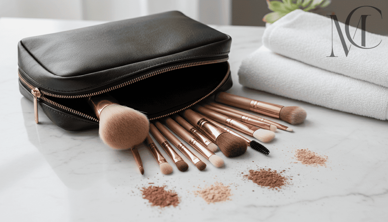 Bolsa de maquillaje negra con brochas cosméticas y polvos sueltos sobre una superficie de mármol.