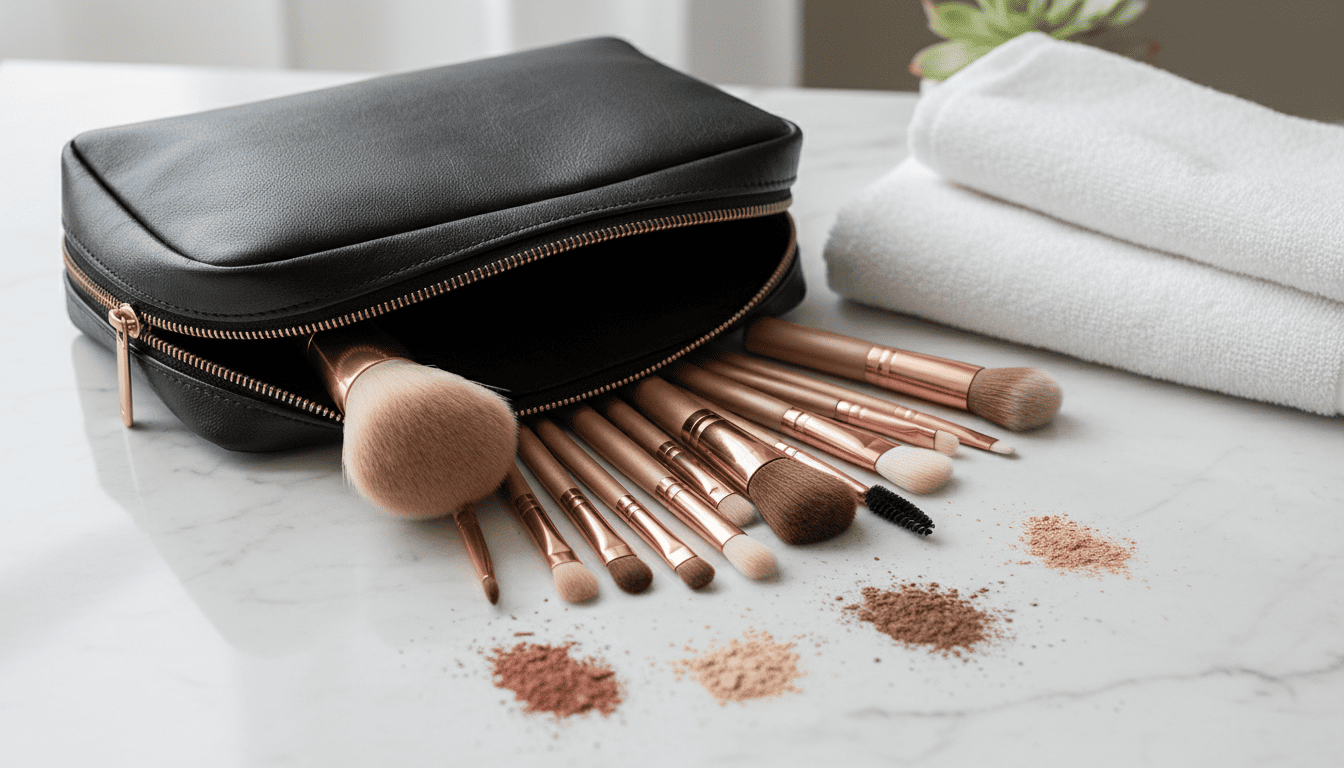 Pinceles de maquillaje derramándose desde una bolsa de cosméticos negra sobre una superficie de mármol con polvos y toallas blancas.