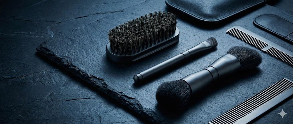 Men's grooming kit with brushes and combs on a dark slate background.