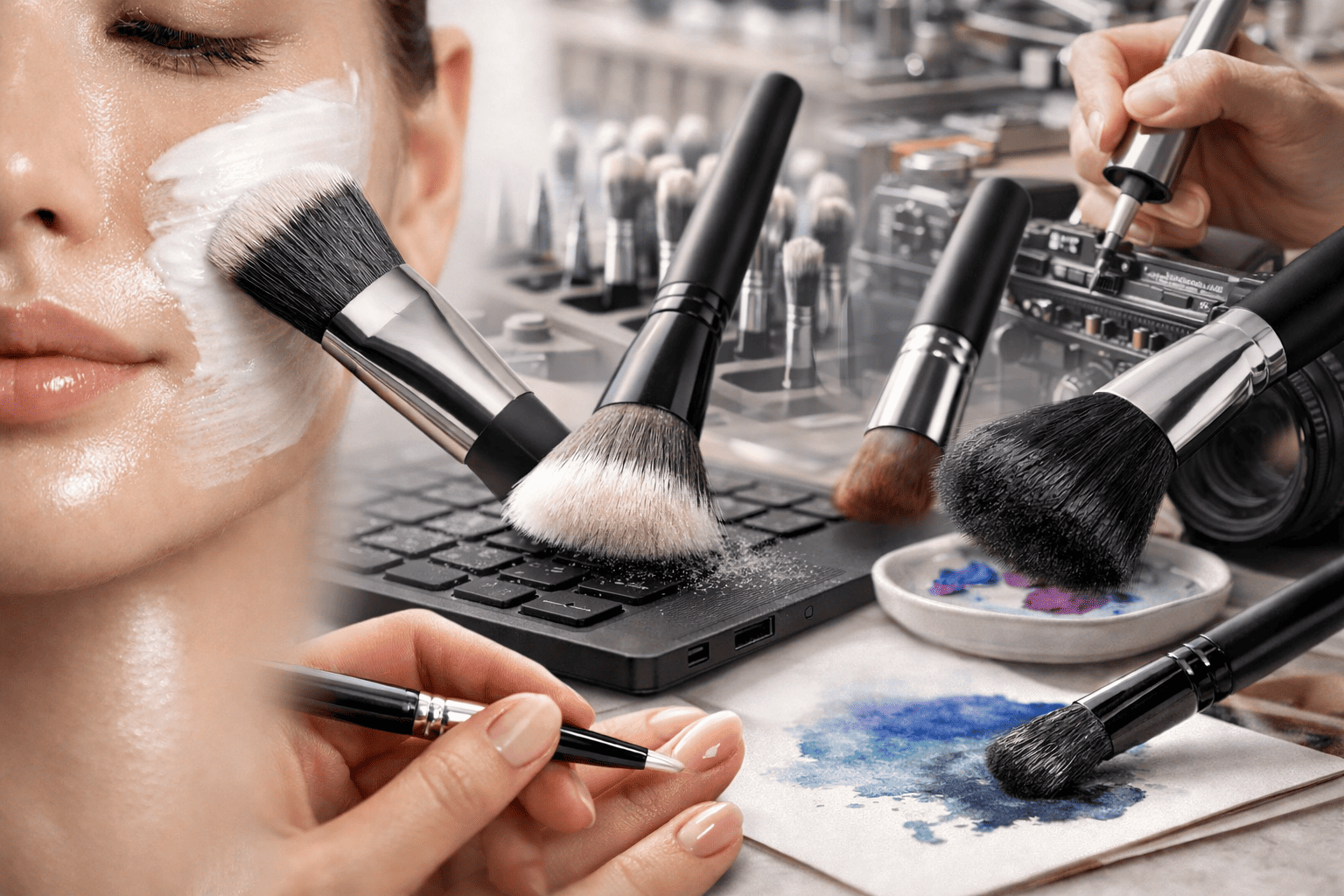 Montage showing makeup application, tools, and artist workspace.