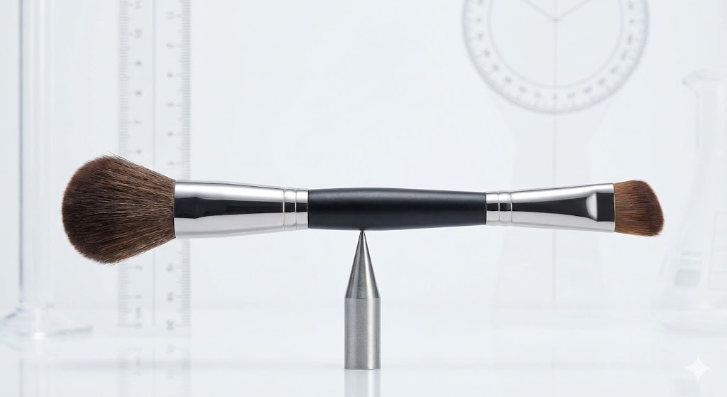 Double-ended makeup brush balanced on a metal point, against a white background with lab equipment.
