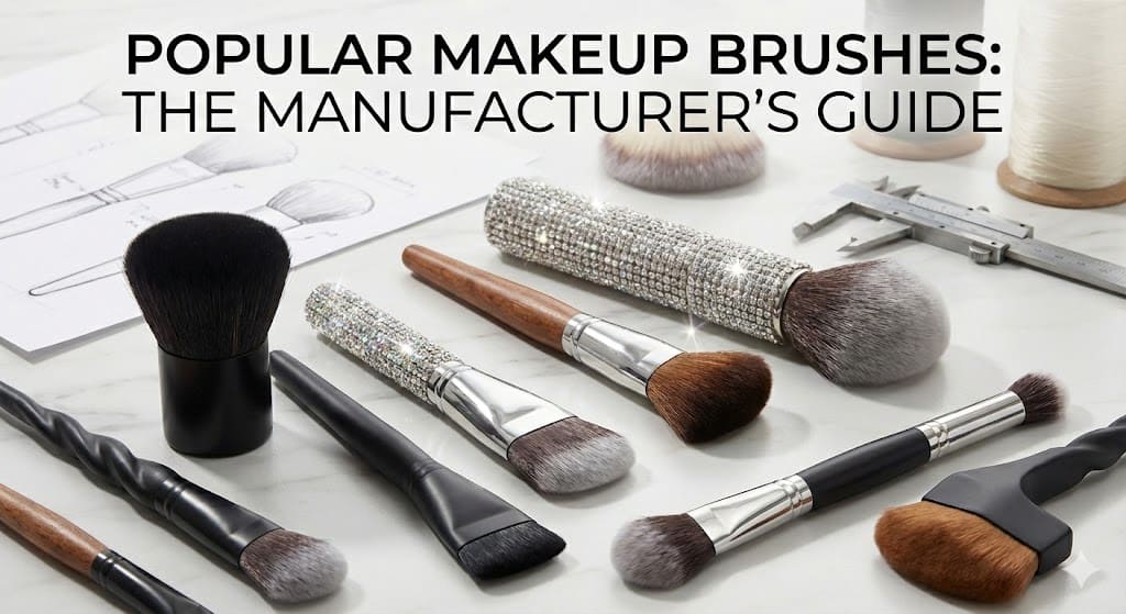 Assortment of makeup brushes with different styles and a manufacturer's sketch.