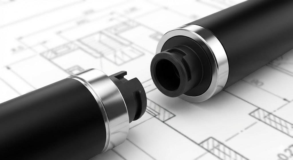 Two black cylinders with chrome ends about to be connected over an engineering blueprint.