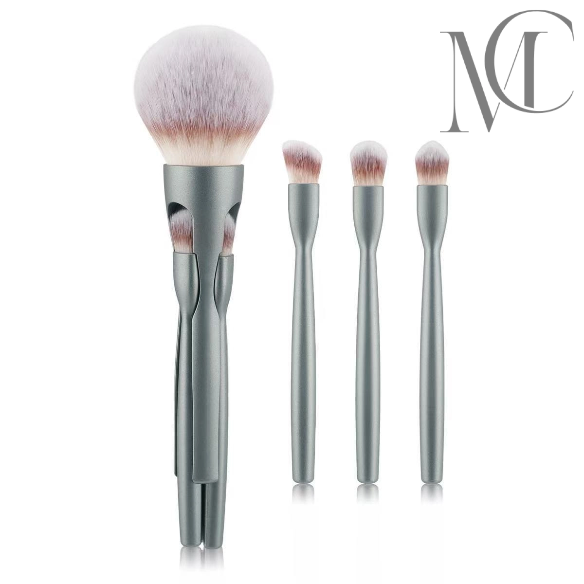 Production of magnetic travel brushes Silver makeup brush set with interchangeable brush heads.