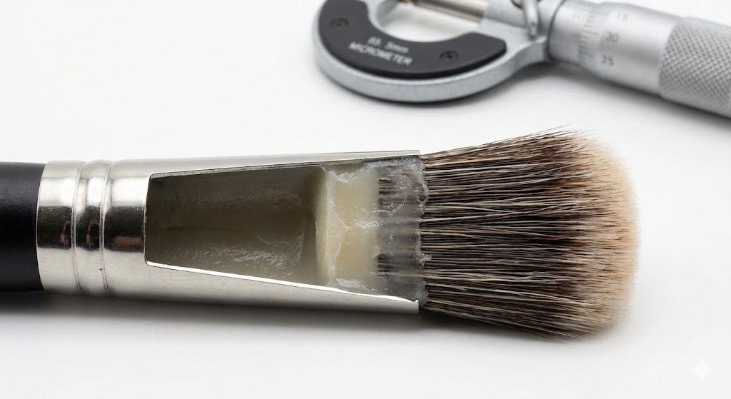 Close-up of a dissected makeup brush showing the adhesive holding the bristles, with a micrometer in the background.