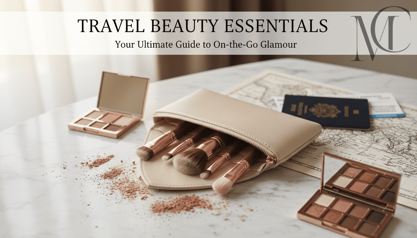 Juegos de brochas de maquillaje de viaje Elementos de belleza esenciales para viajes dispuestos sobre una superficie de mármol junto a un pasaporte y un mapa.