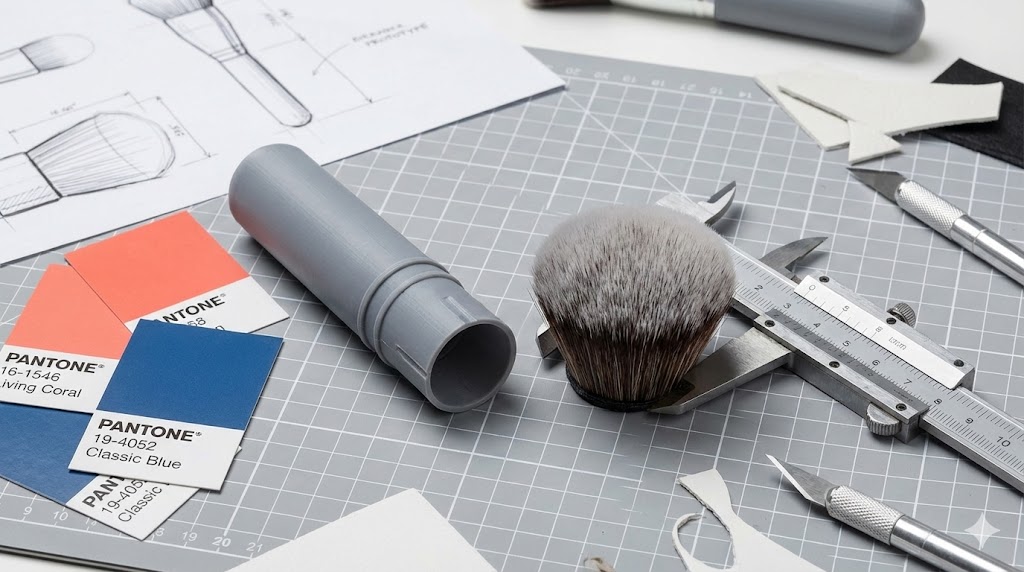 Product design workspace featuring a shaving brush prototype, calipers, Pantone swatches, design sketches, and crafting tools.