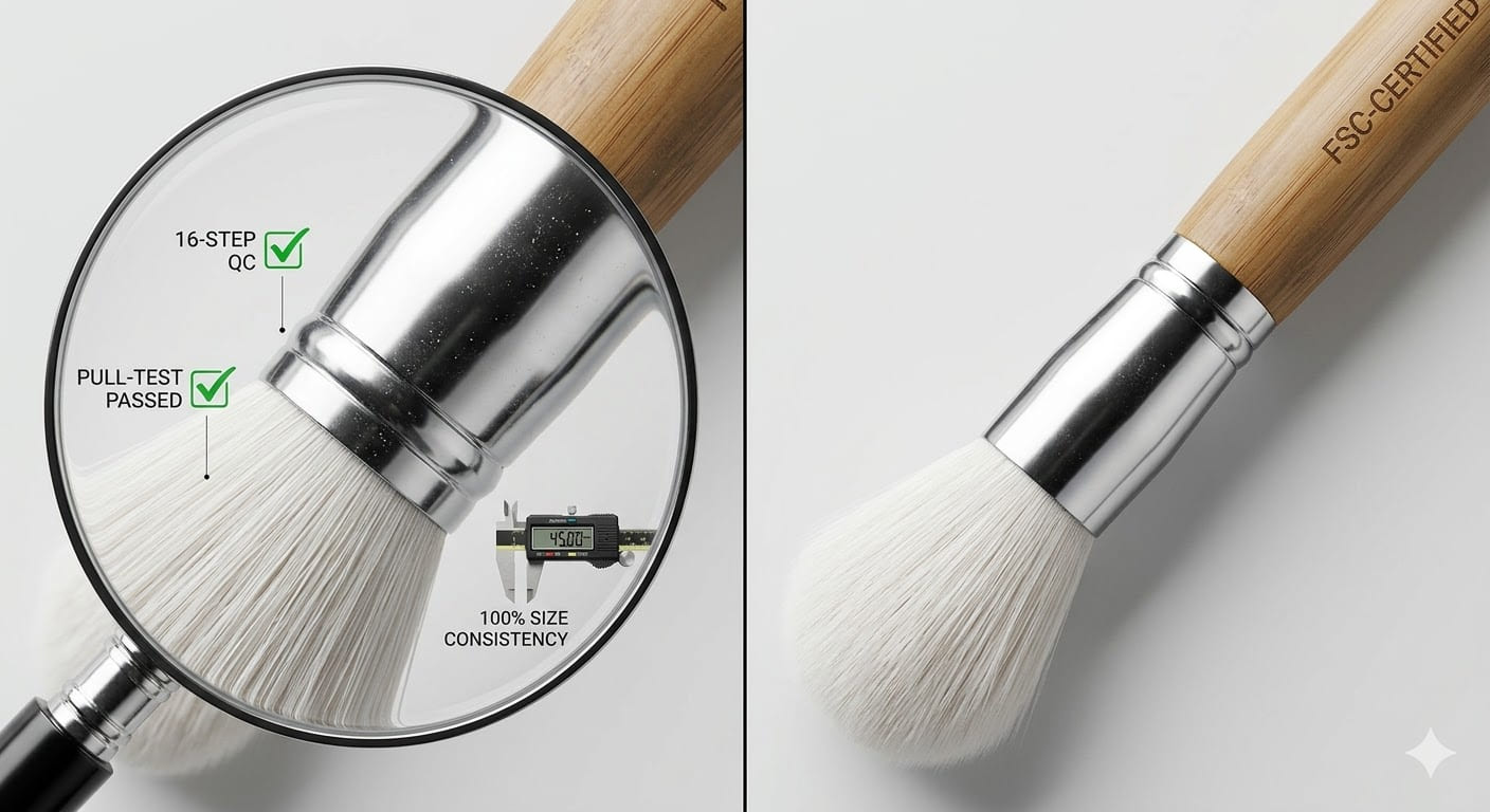 Makeup brush quality assurance, showcasing 16-step QC, pull-test pass, and 100% size consistency.
