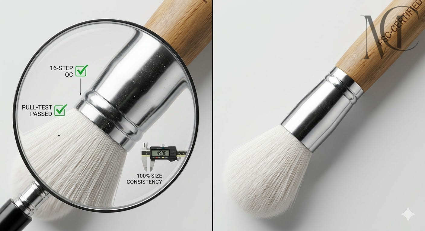 Makeup Brush Details Makeup brush quality assurance, showcasing 16-step QC, pull-test pass, and 100% size consistency.