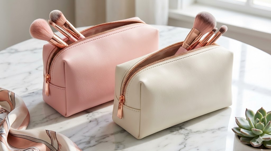Pink and cream-colored makeup bags with rose gold zippers, filled with makeup brushes.