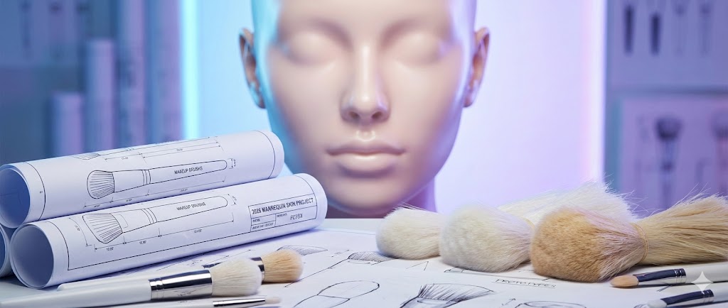 Mannequin head with makeup brush blueprints and prototypes.