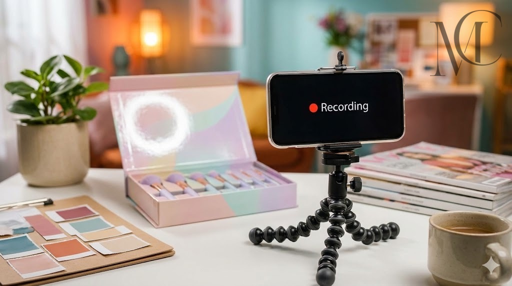 makeup brush packaging Smartphone recording a beauty video on a tripod, with makeup brushes, color swatches, and a magazine.