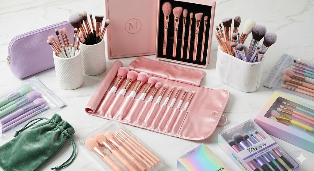 Assortment of pastel-colored makeup brush sets and cosmetic bags on a white marble surface.
