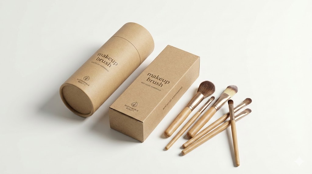Sustainable makeup brush set with recycled cardboard packaging.