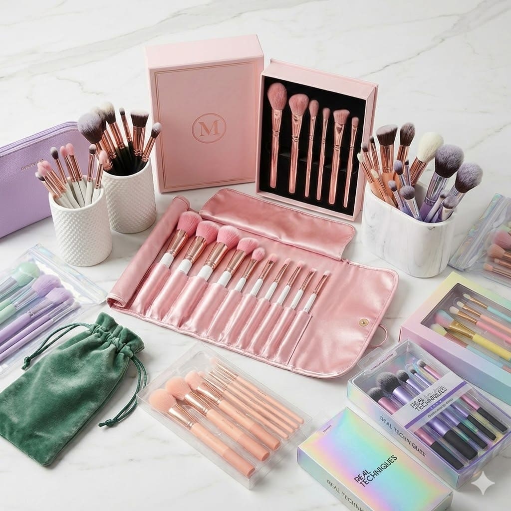 Assorted makeup brush sets and organizers in pink, purple, and green on a marble surface.
