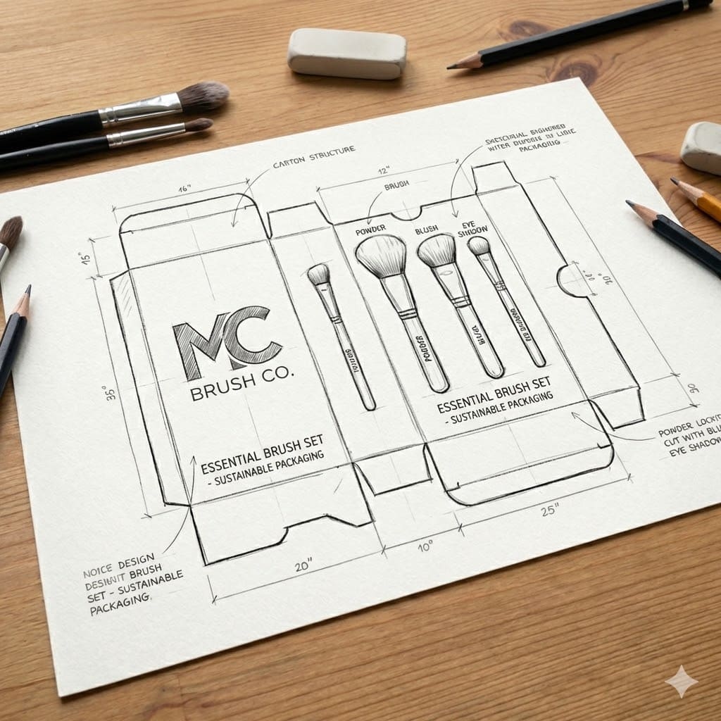 Sketch of a cardboard box design for an MC Brush Co. essential brush set.