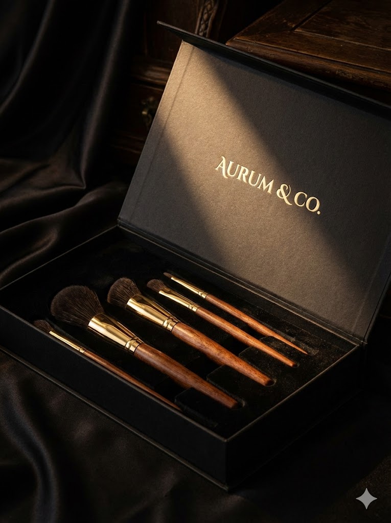 Aurum & Co. makeup brush set in a presentation box.