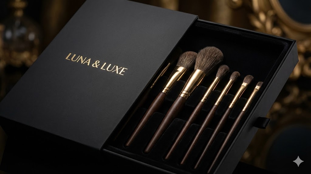 Luna & Luxe makeup brush set in a black gift box.