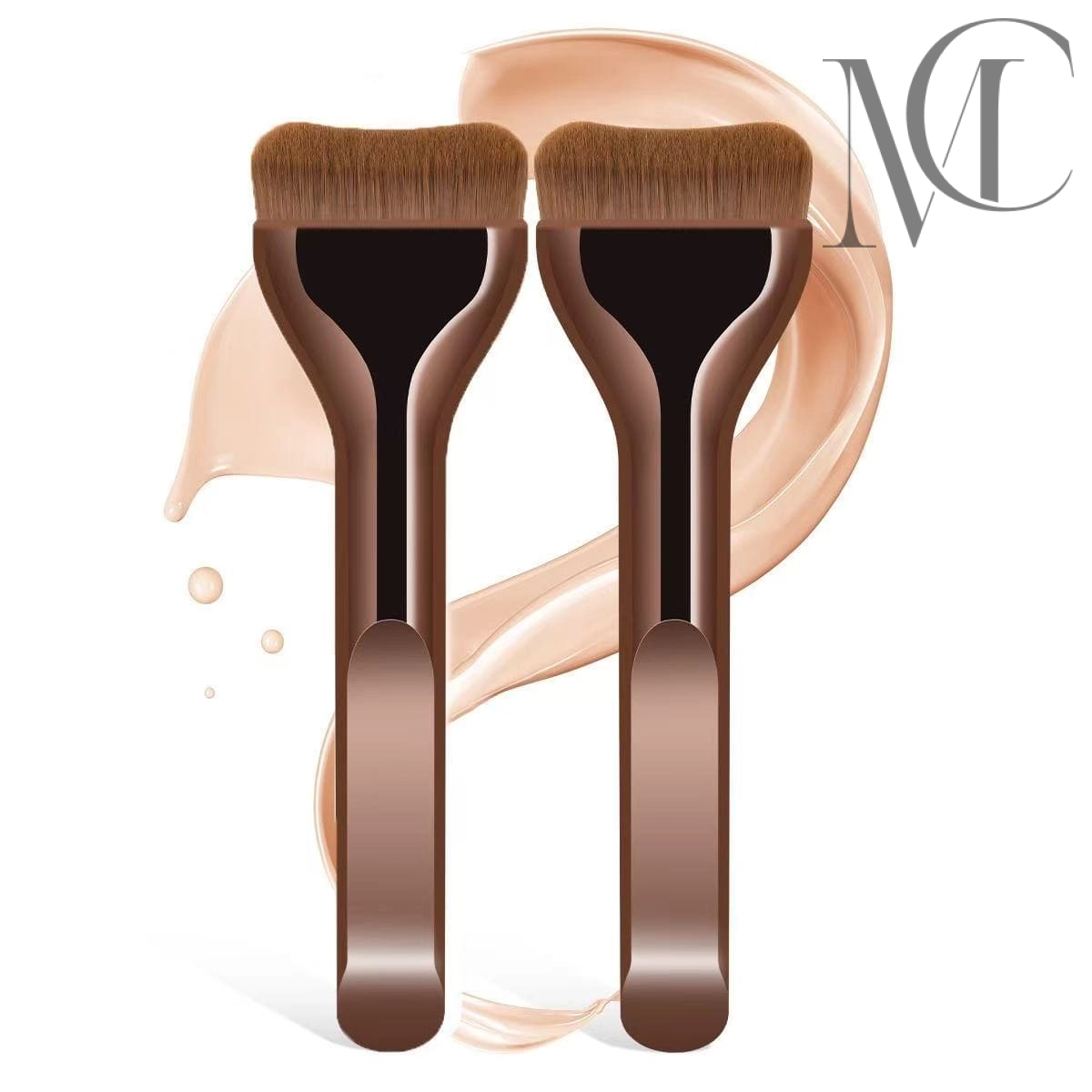 Wavy foundation brush manufacturer Two foundation makeup brushes with brown handles against a swatch of light beige foundation.