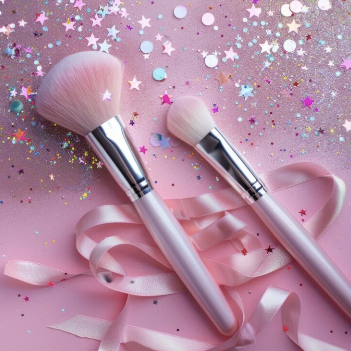 Deux pinceaux de maquillage roses sur un fond rose avec des confettis en forme d'étoiles et de cercles, et un ruban rose.