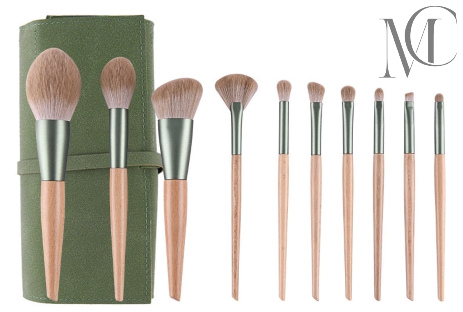 Eco-Friendly Makeup Brushes manufacturer Makeup brush set with wooden handles and green carrying case.