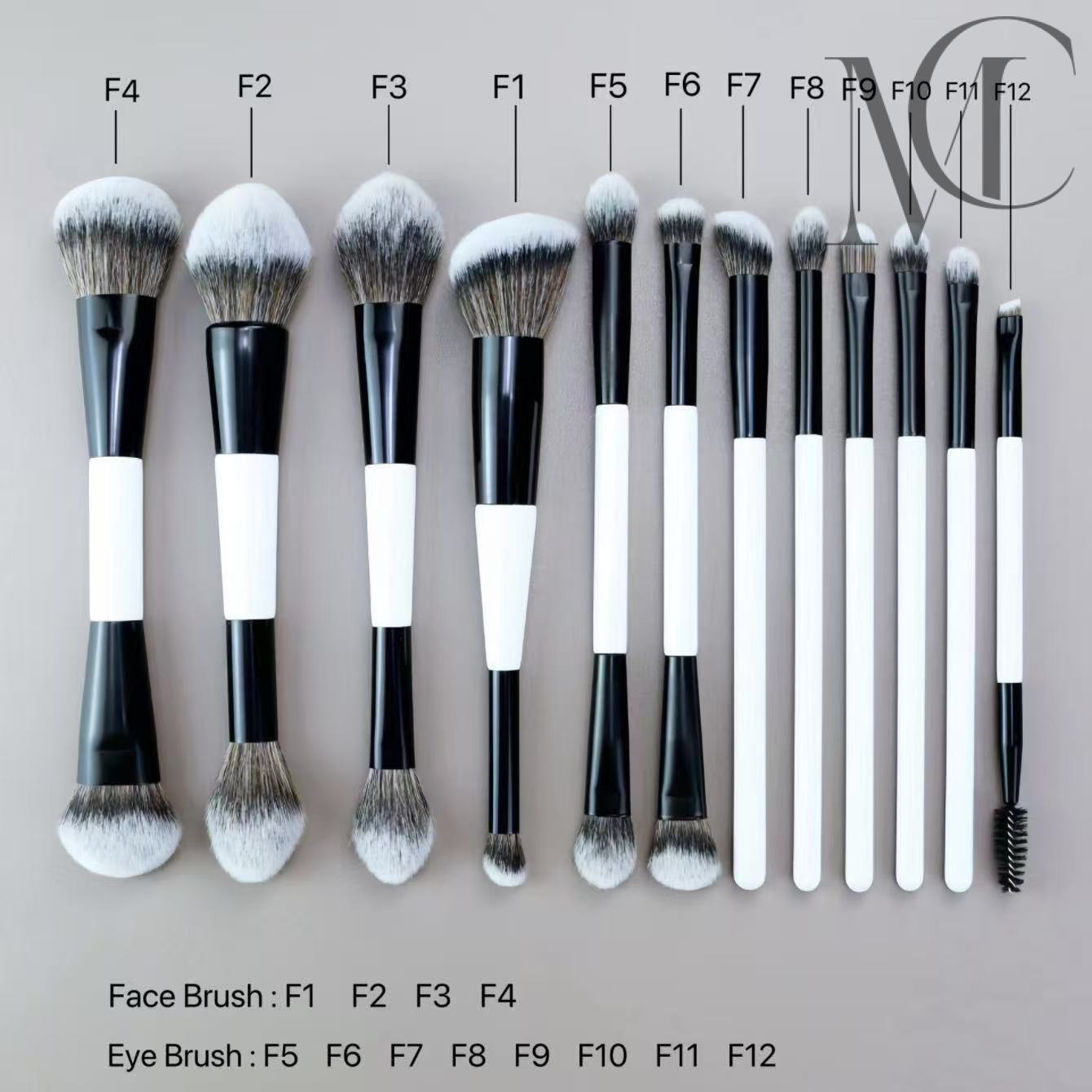 custom Dual-Ended Pro Makeup Brush Set Makeup brush set with black and white handles, including face and eye brushes.