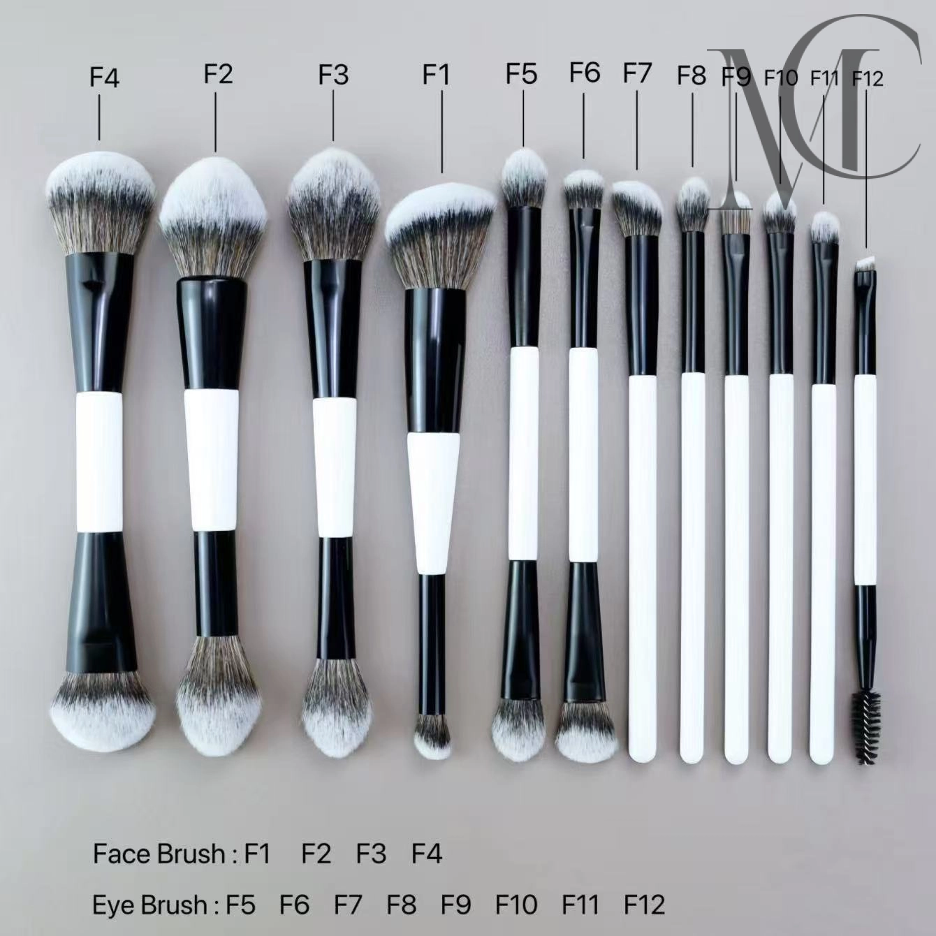 custom Dual-Ended Pro Makeup Brush Set Makeup brush set with black and white handles, including face and eye brushes.
