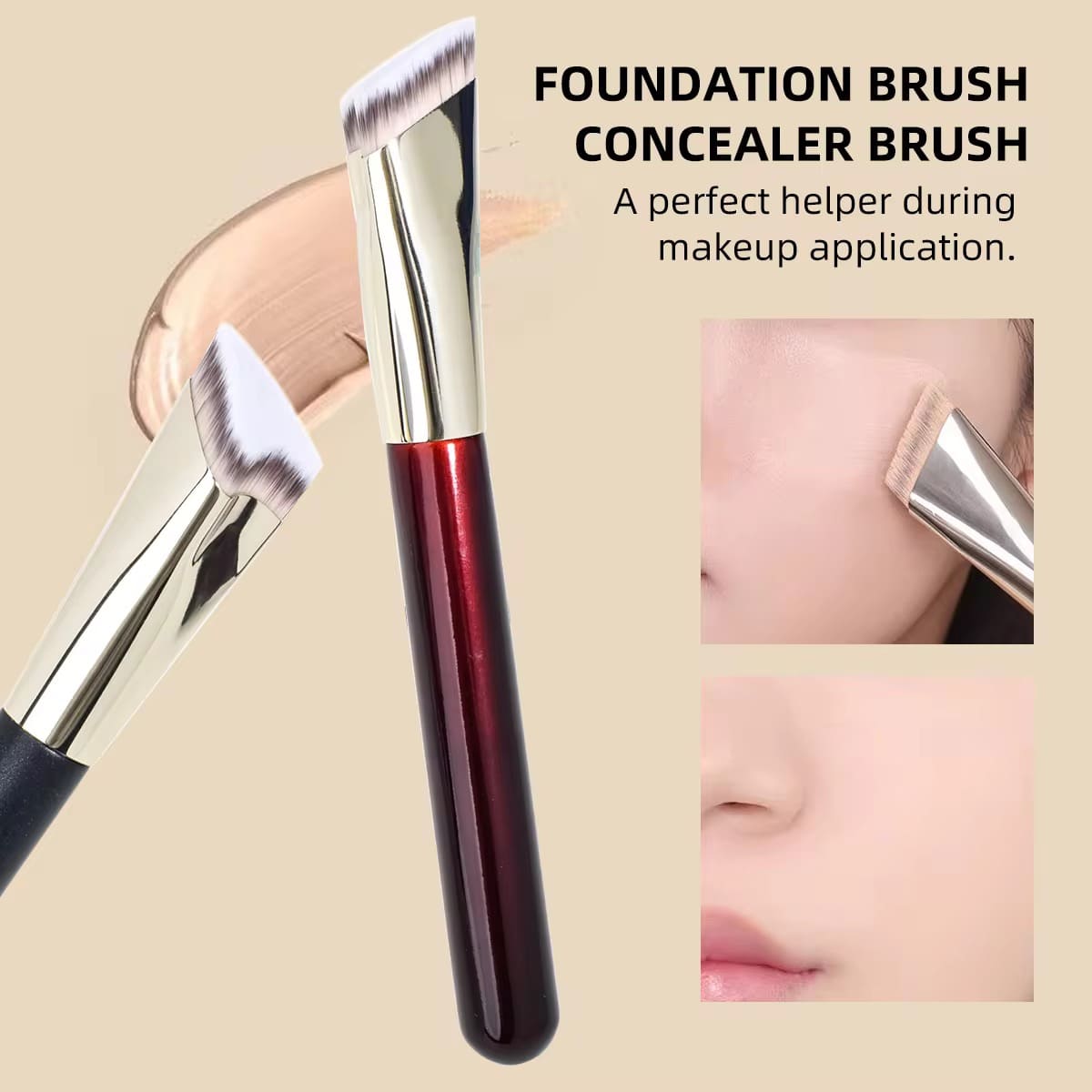 Angled foundation/concealer brush with a dark red handle, shown in use on a face.
