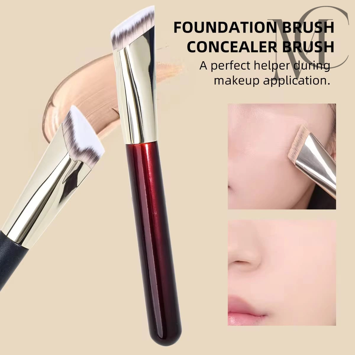 Angled Foundation and Buffing Brush Angled foundation/concealer brush with a dark red handle, shown in use on a face.