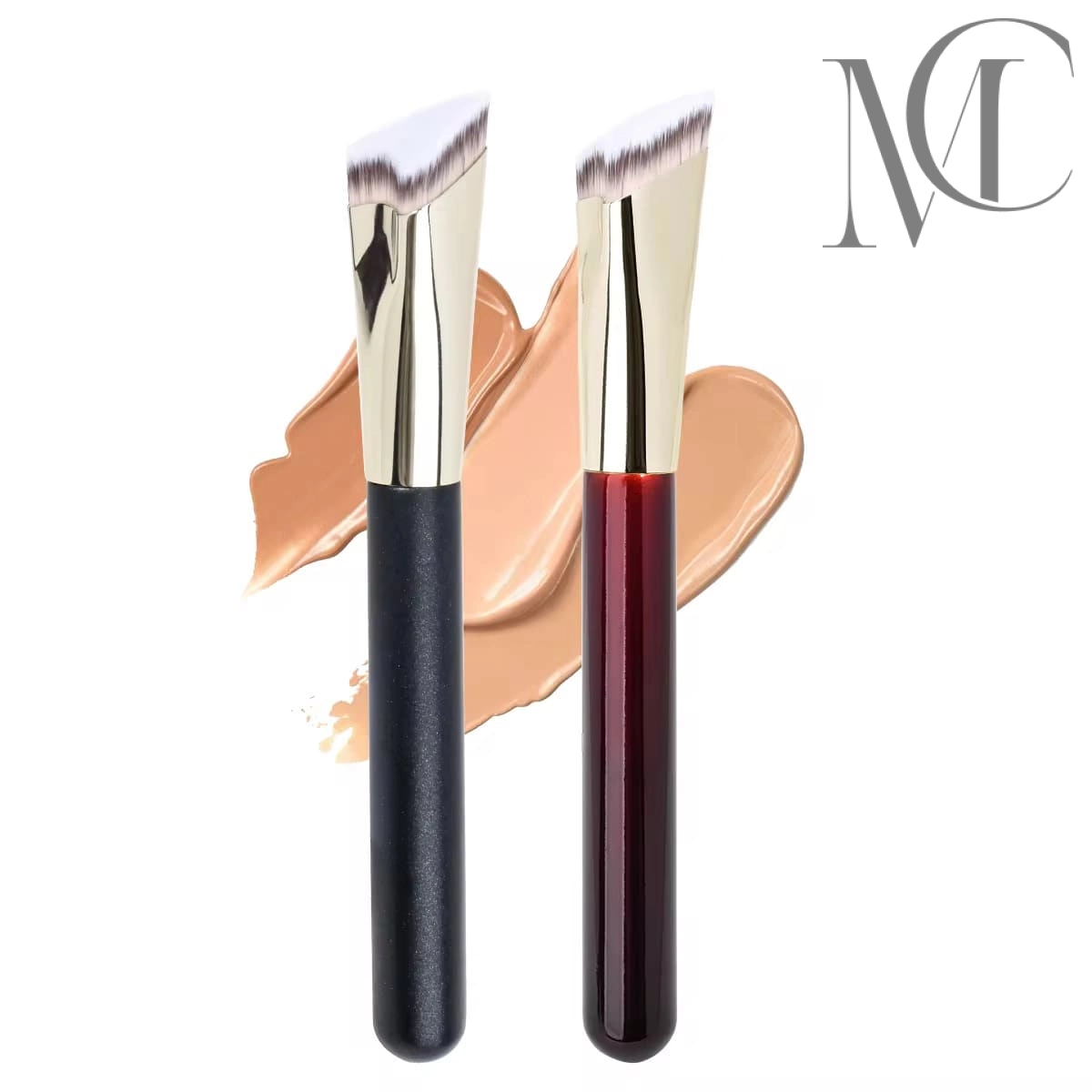 Brocha angular personalizada para base de maquillaje y pulido Dos brochas angulares para base de maquillaje, una negra y otra rojo oscuro, con muestras de color de la base.