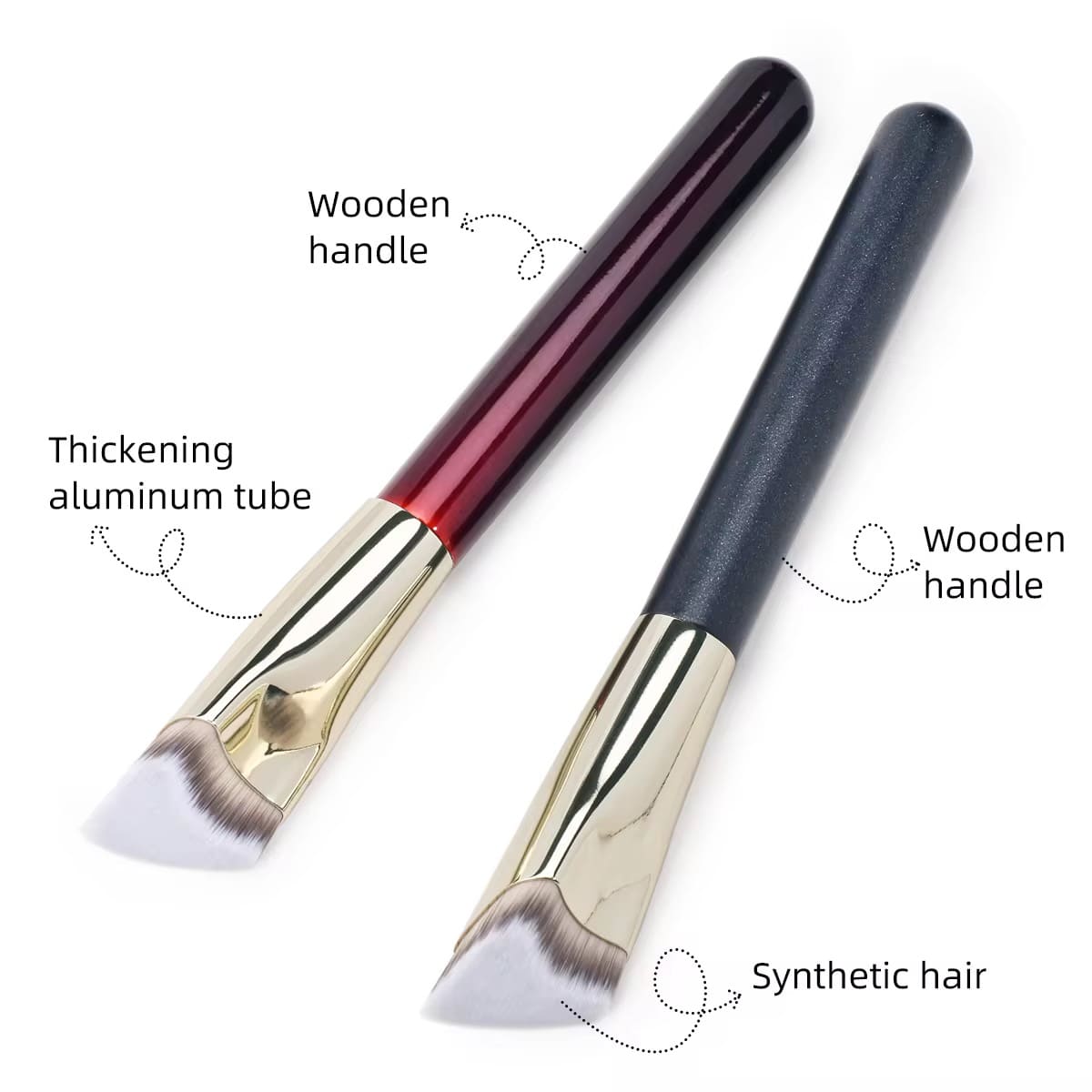 Two makeup brushes with wooden handles, thickening aluminum tubes, and synthetic hair.