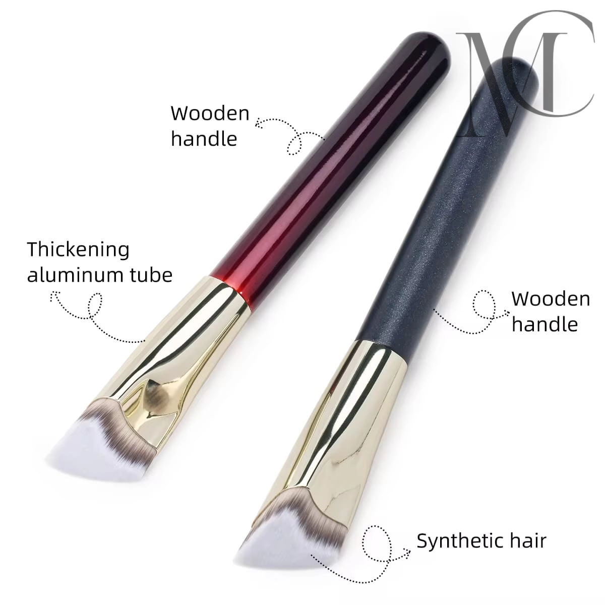 Angled Foundation Brush manufacturer Two makeup brushes with wooden handles, thickening aluminum tubes, and synthetic hair.