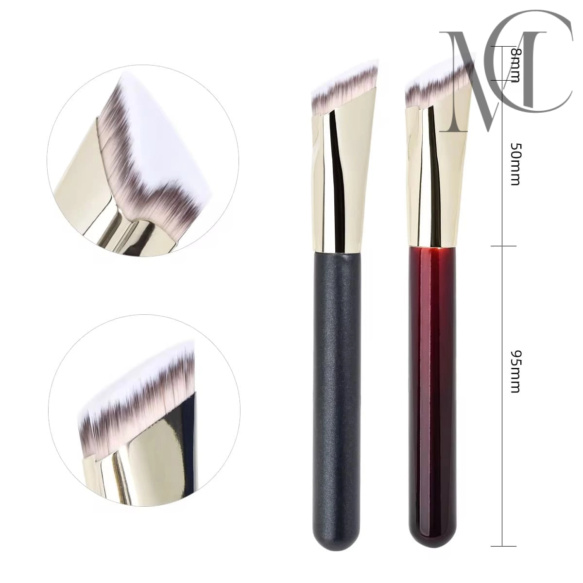 Angled Foundation and Buffing Brush manufacturer Two angled foundation brushes, one black and one burgundy, with dimensions and close-ups.