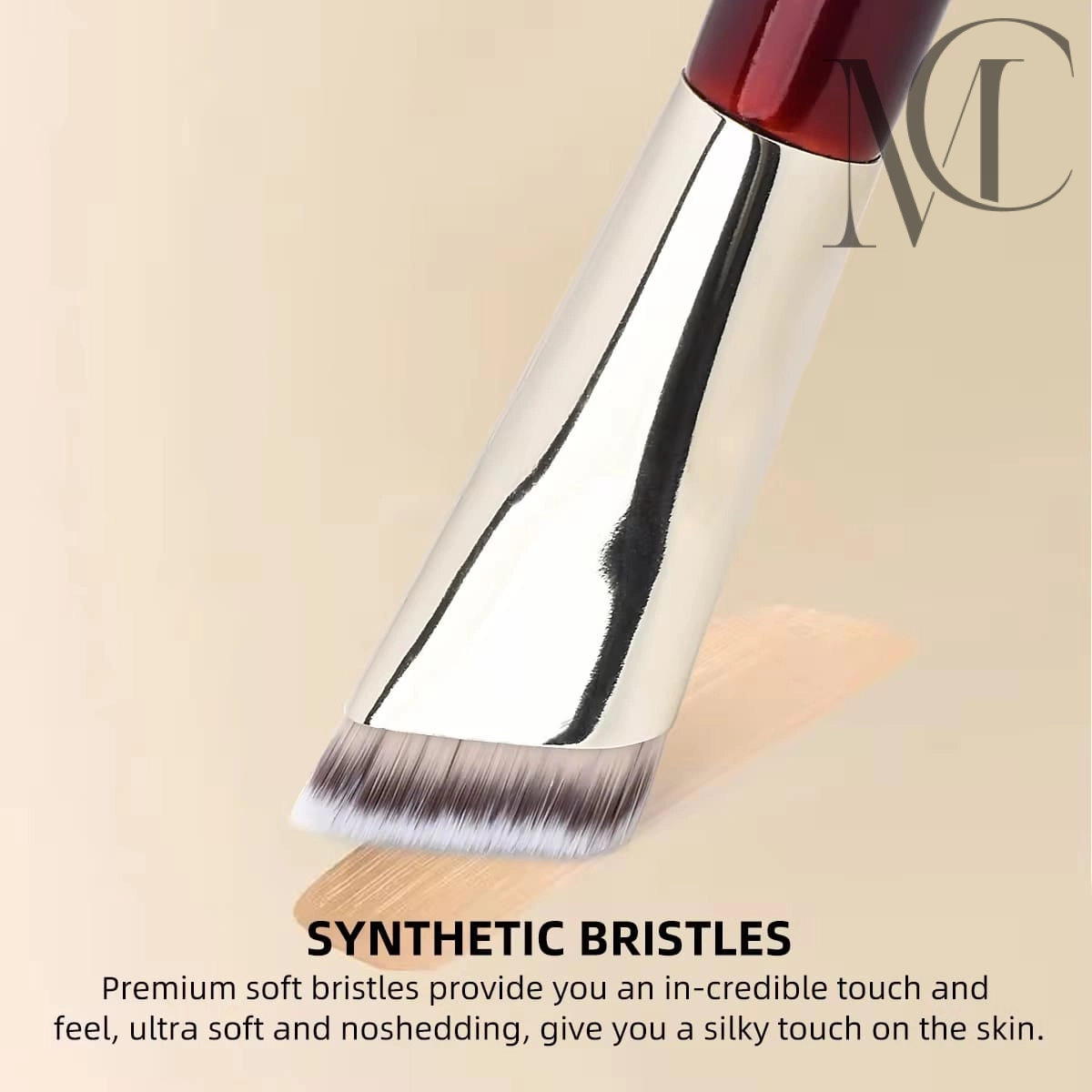 custom Angled Foundation Brush Makeup brush with synthetic bristles applying foundation.